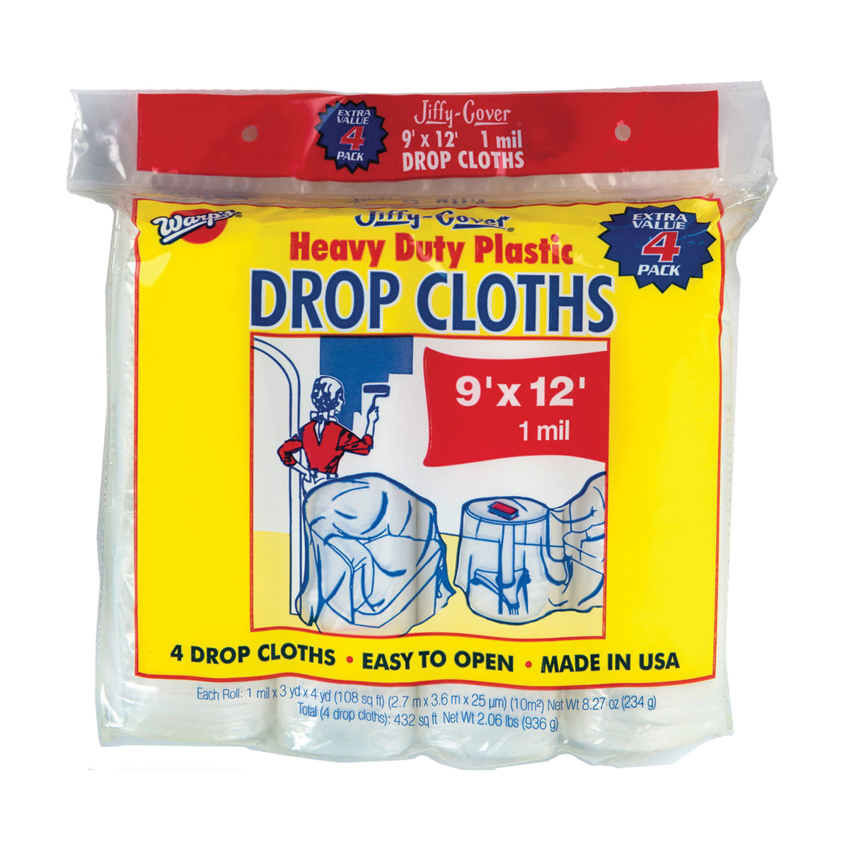 Warp's JC-9124 Drop Cloth, 12 ft L, 9 ft W, Plastic