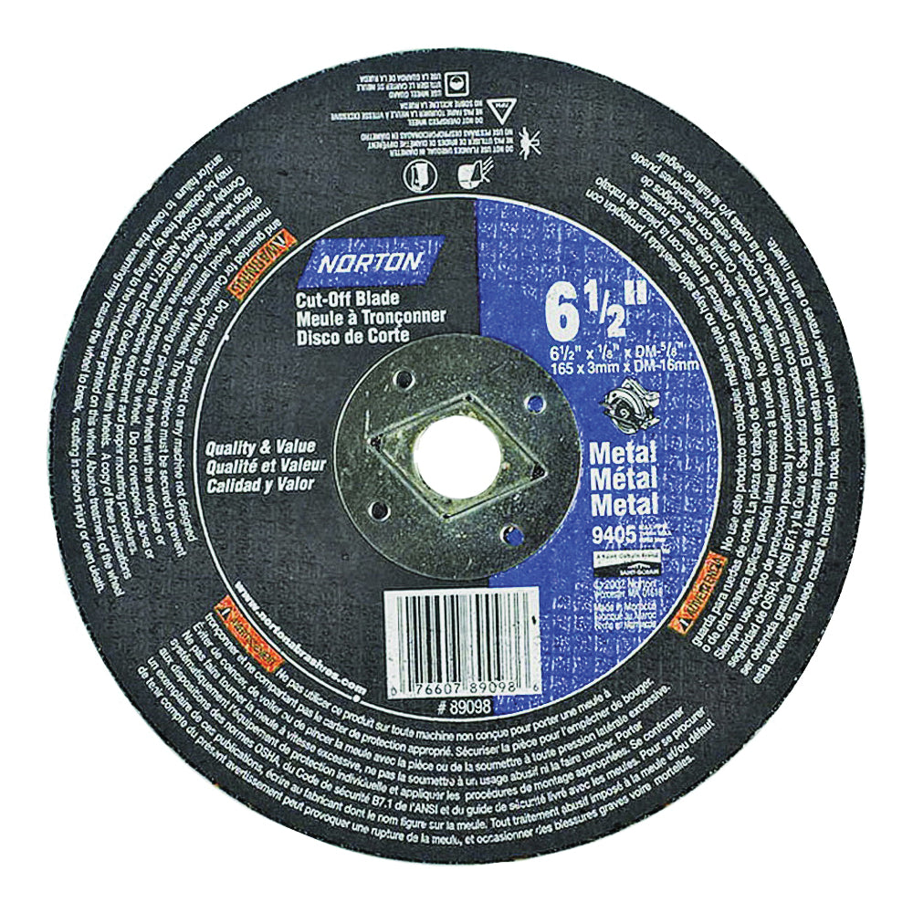 NORTON 07660789098 Circular Cut-Off Wheel, 6-1/2 in Dia, 1/8 in Thick, 5/8 in Arbor, Aluminum Oxide Abrasive