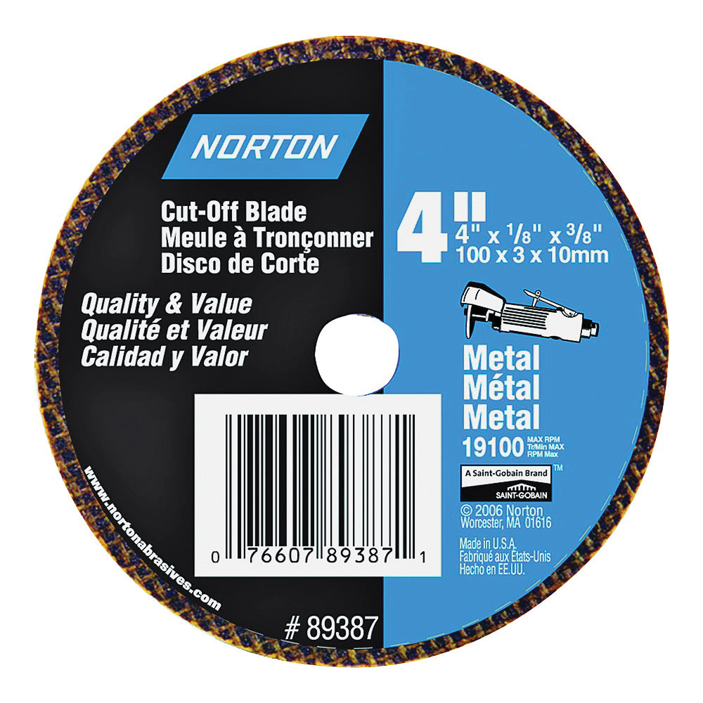 NORTON 07660789387 Cut-Off Wheel, 4 in Dia, 1/8 in Thick, 3/8 in Arbor, Aluminum Oxide Abrasive