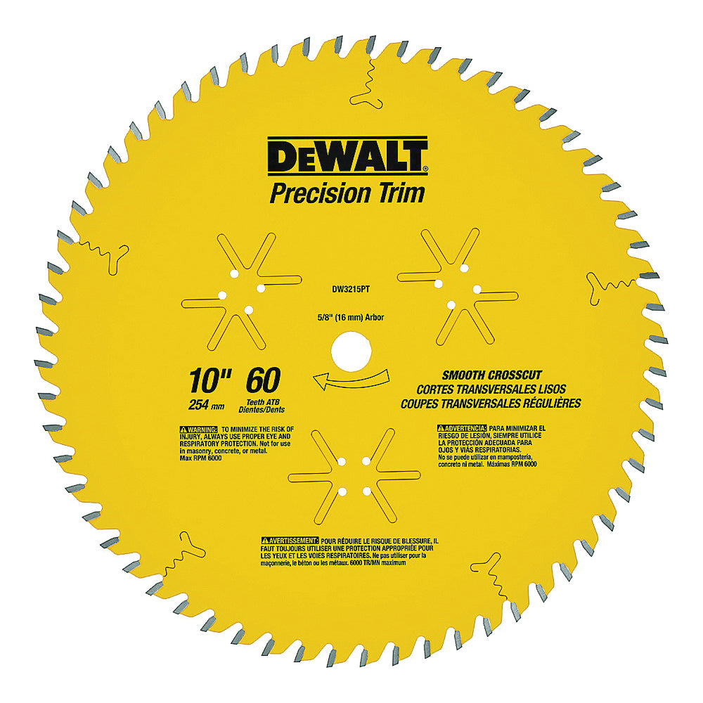 DeWALT Precision Trim DW3215PT Saw Blade, 10 in Dia, 5/8 in Arbor, 60-Teeth, Carbide Cutting Edge