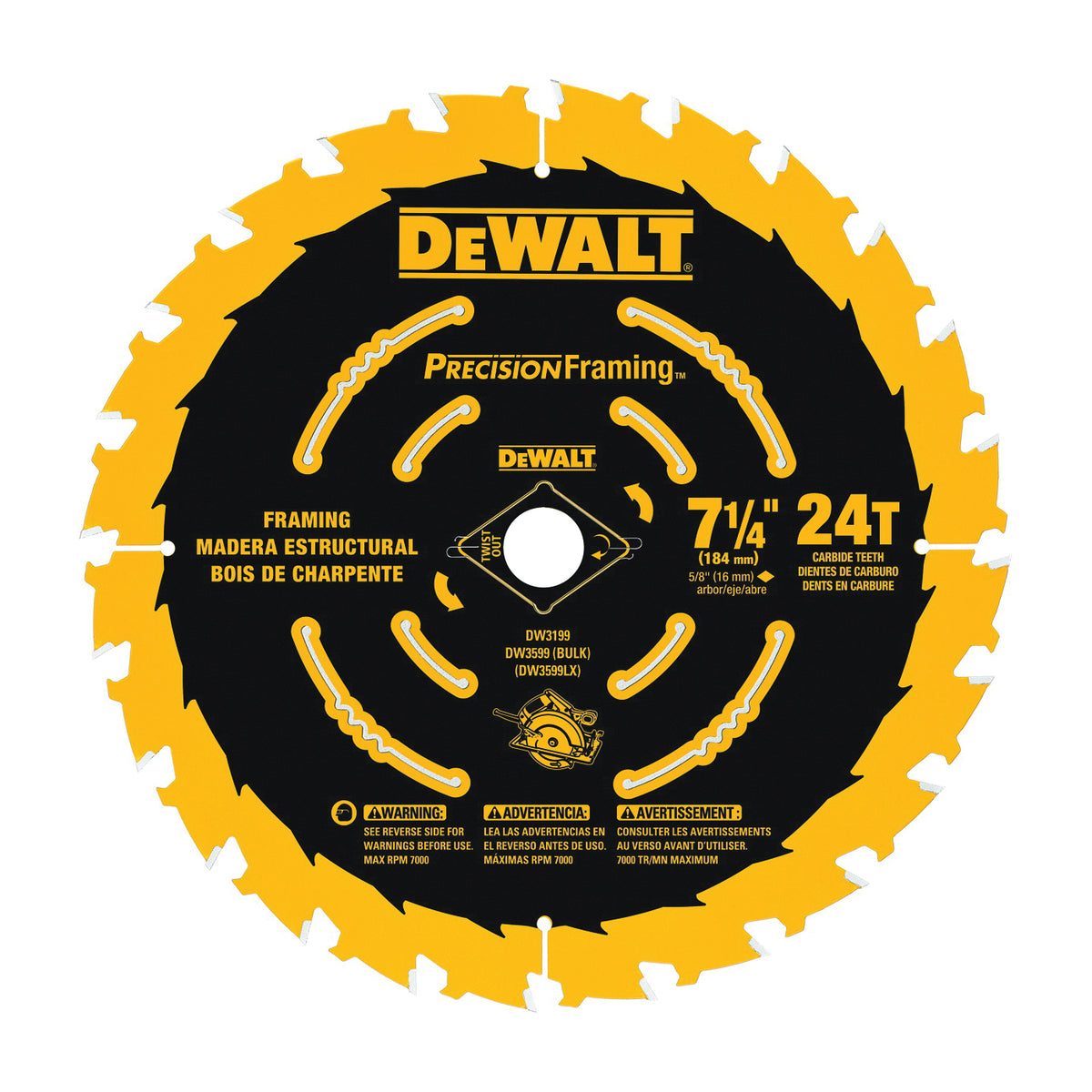 DeWALT Precision Framing DW3199 Saw Blade, 7-1/4 in Dia, 5/8 in Arbor, 24-Teeth, Carbide Cutting Edge