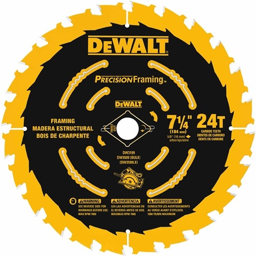 DeWALT Precision Framing DW3194 Saw Blade, 7-1/4 in Dia, 5/8 in Arbor, 40-Teeth, Carbide Cutting Edge