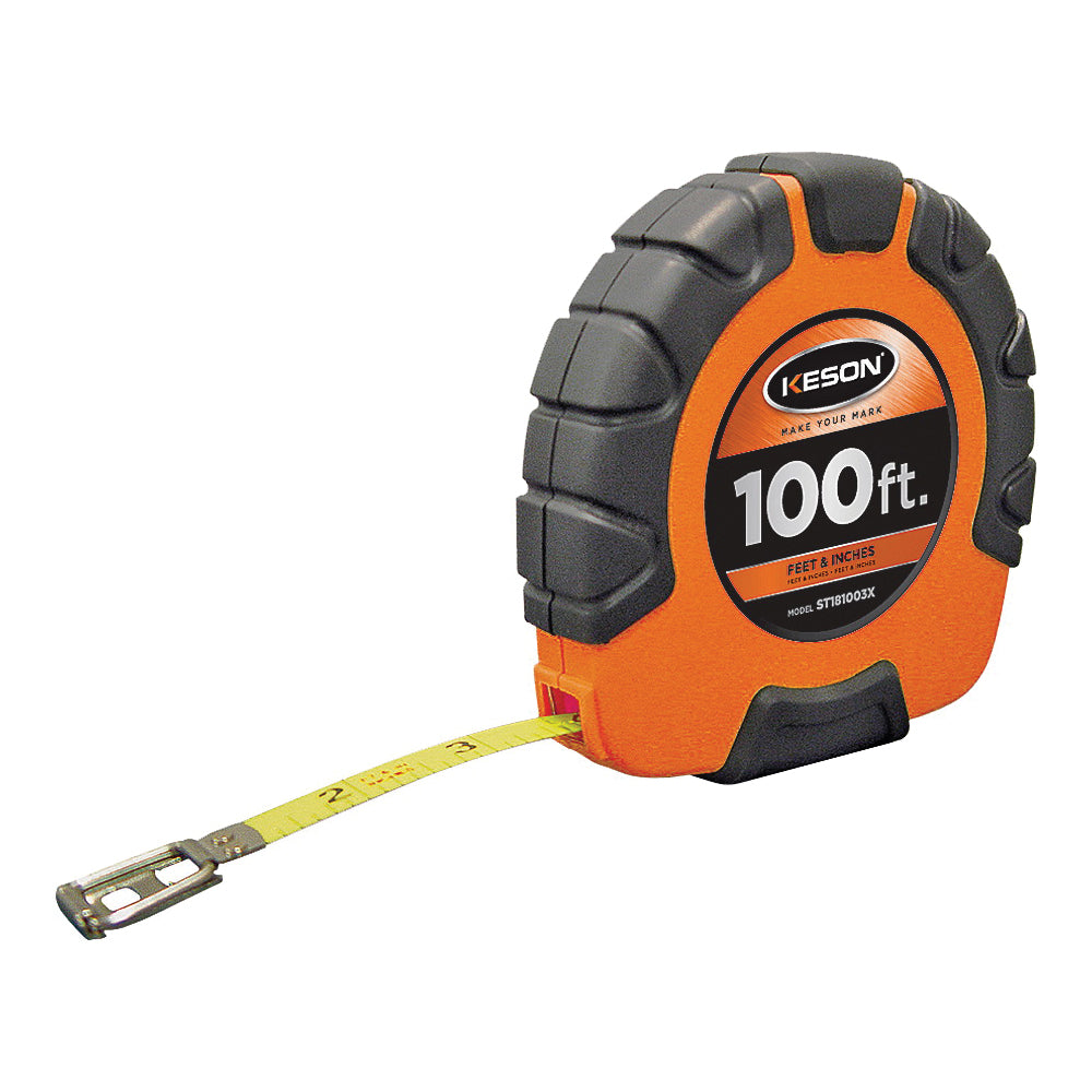 KESON ST181003X Tape Measure, 100 ft L Blade, 3/8 in W Blade, Steel Blade, ABS Case, Orange Case