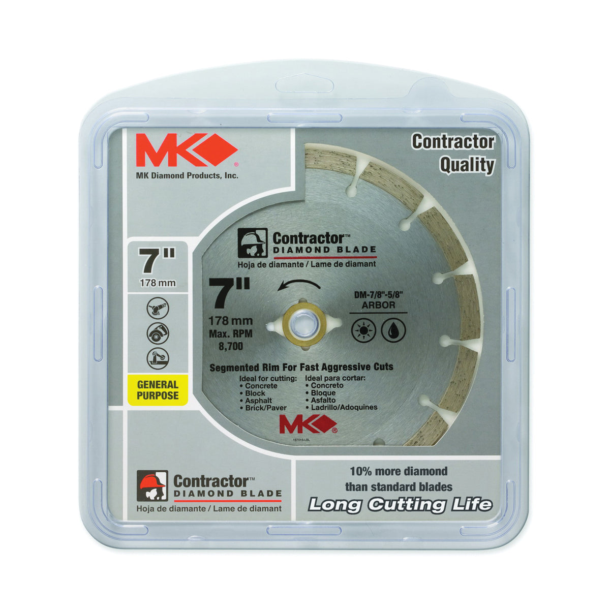 MK 167015 Saw Blade, 7 in Dia, 7/8 to 5/8 in Arbor, Diamond Cutting Edge, Segmented Rim