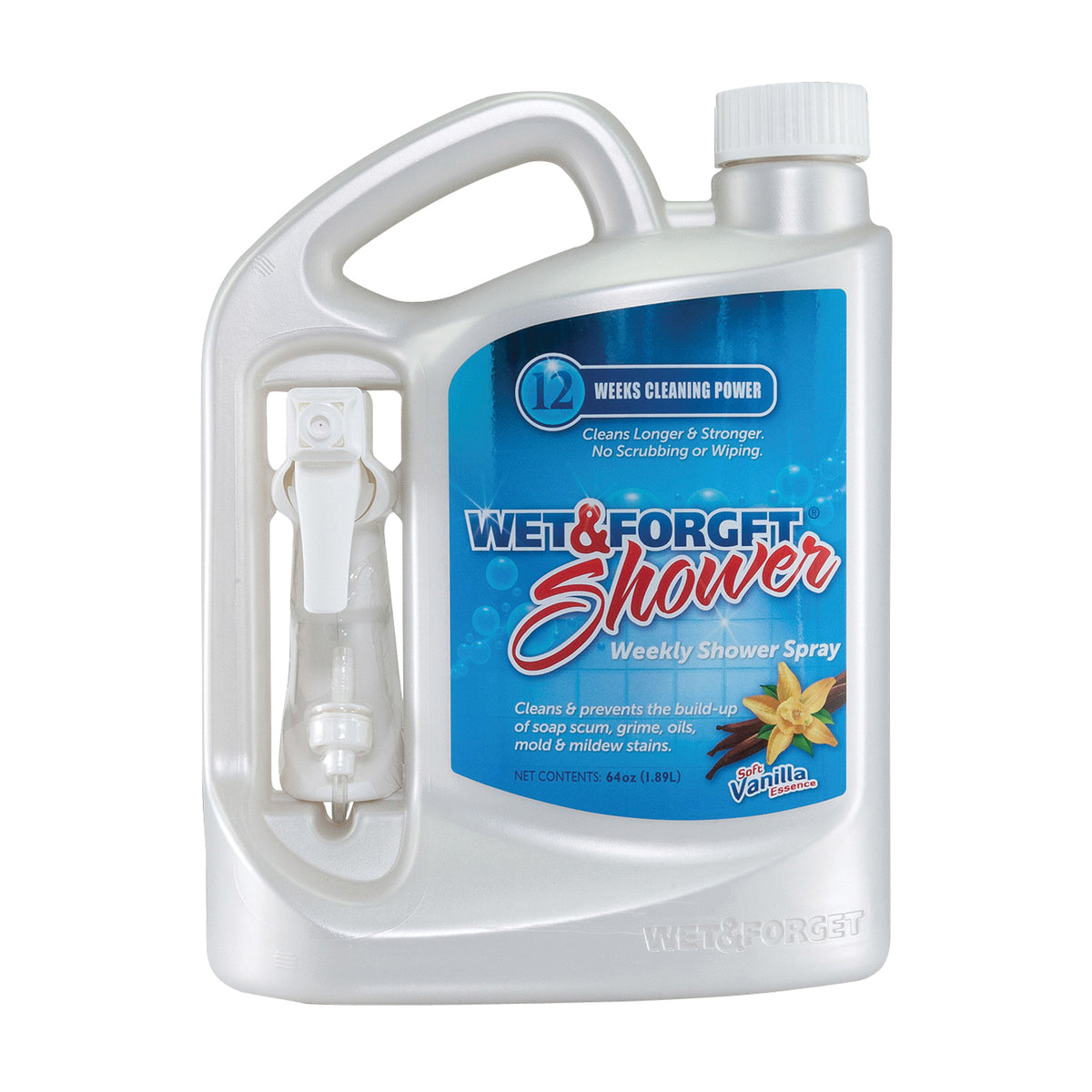 WET &amp; FORGET 801064 Shower Cleaner, 64 oz Bottle, Liquid, Soft Vanilla, Pale Yellow