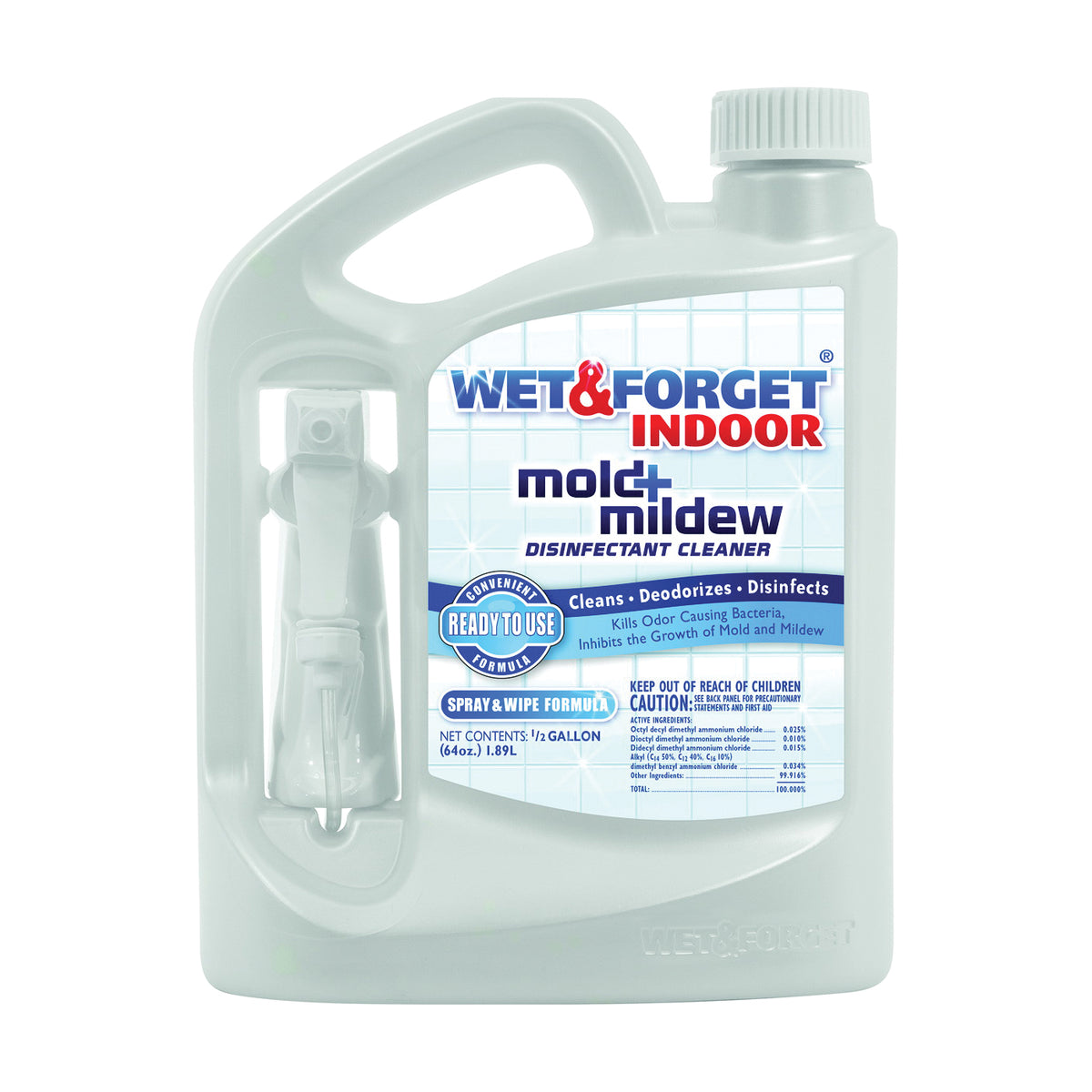 WET &amp; FORGET 802064 Mold and Mildew Disinfectant Cleaner, 64 oz, Liquid, Bland, Clear