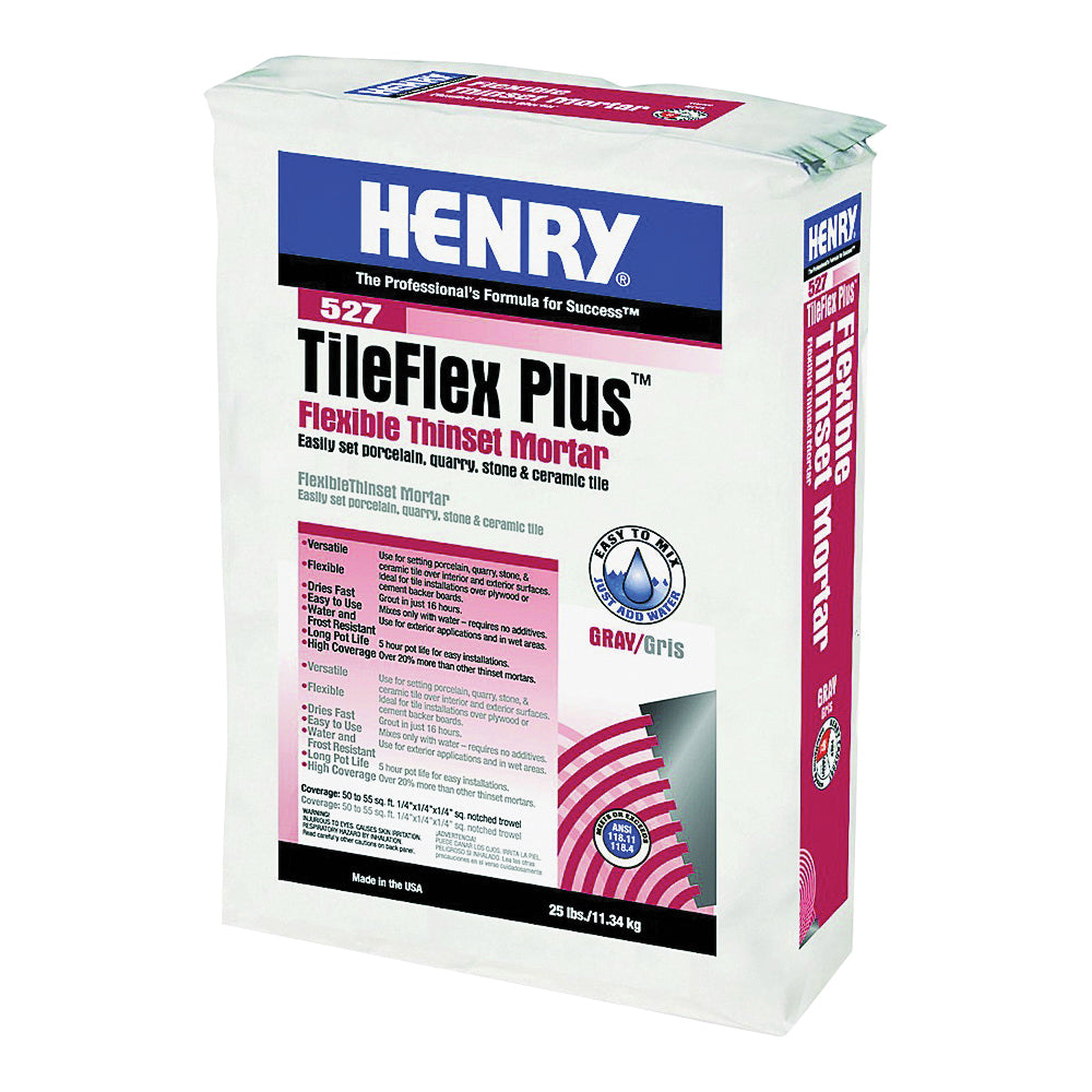 HENRY 527 TileFlex Plus Series 12262 Thin-Set Mortar, Gray, Fine Solid Powder, 25 lb Bag