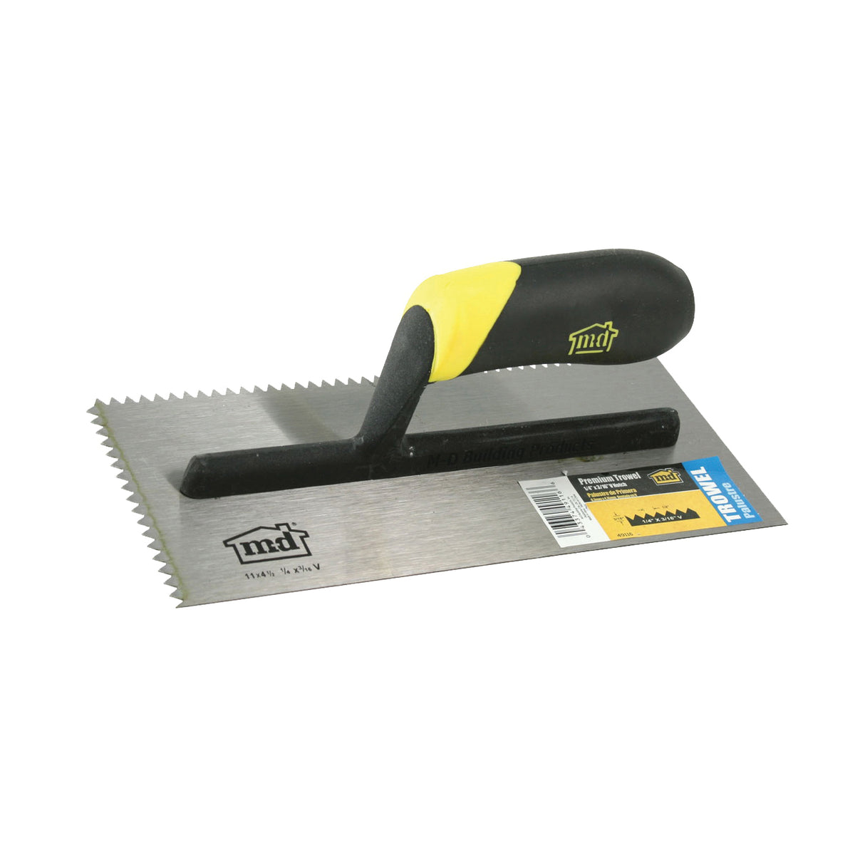 M-D 49116 Tile Installation Trowel, 12 in L, 4-1/2 in W, V Notch, Comfort-Grip Handle