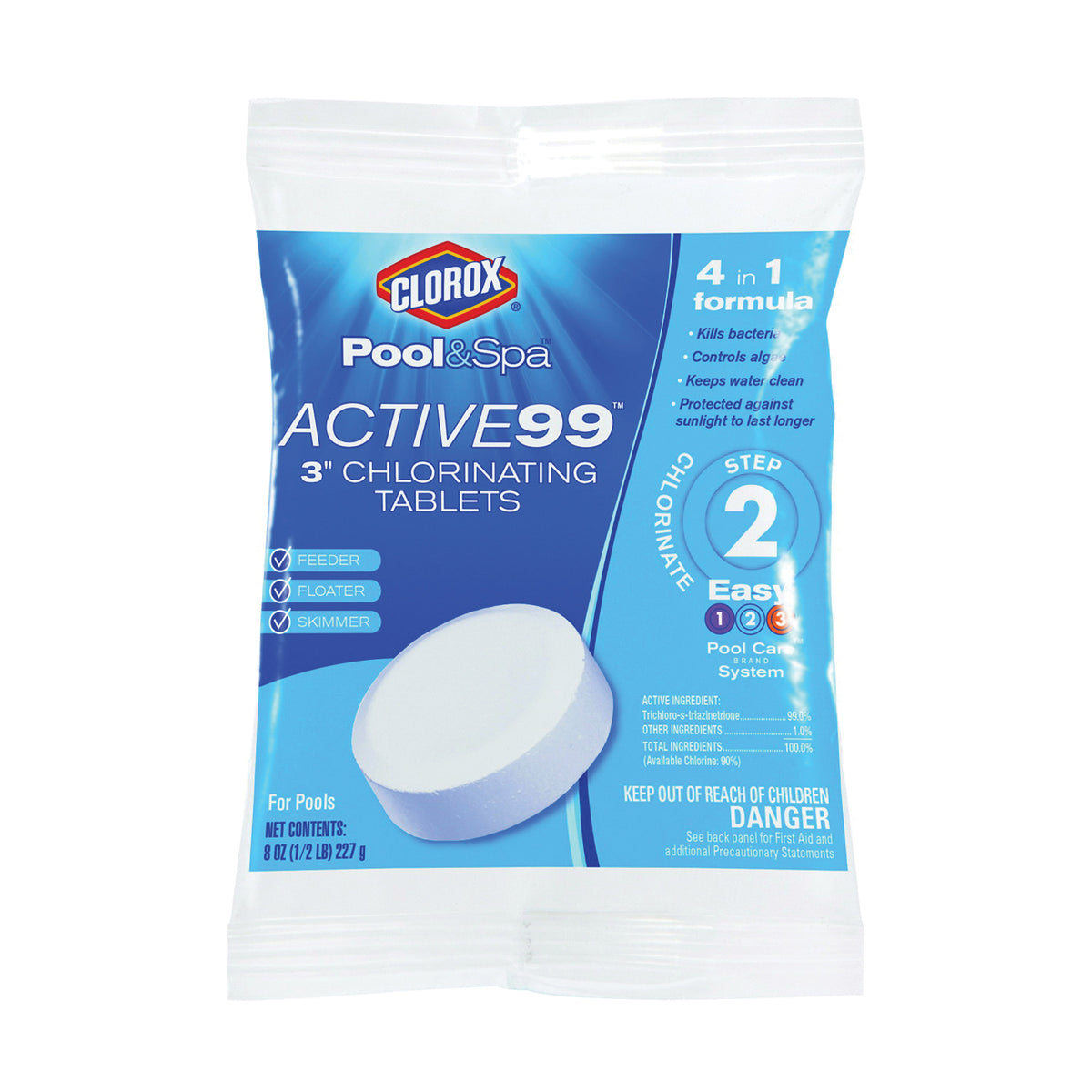 Clorox POOL &amp; Spa ACTIVE99 22401CLX Chlorinating Tablet, Solid, Chlorine, 8 oz