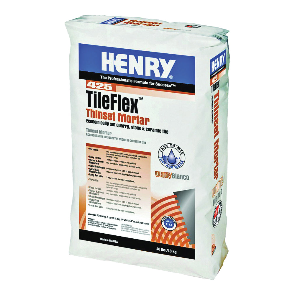 HENRY 425 TileFlex Series 12261 Thin-Set Mortar, White, Fine Solid Powder, 40 lb Bag