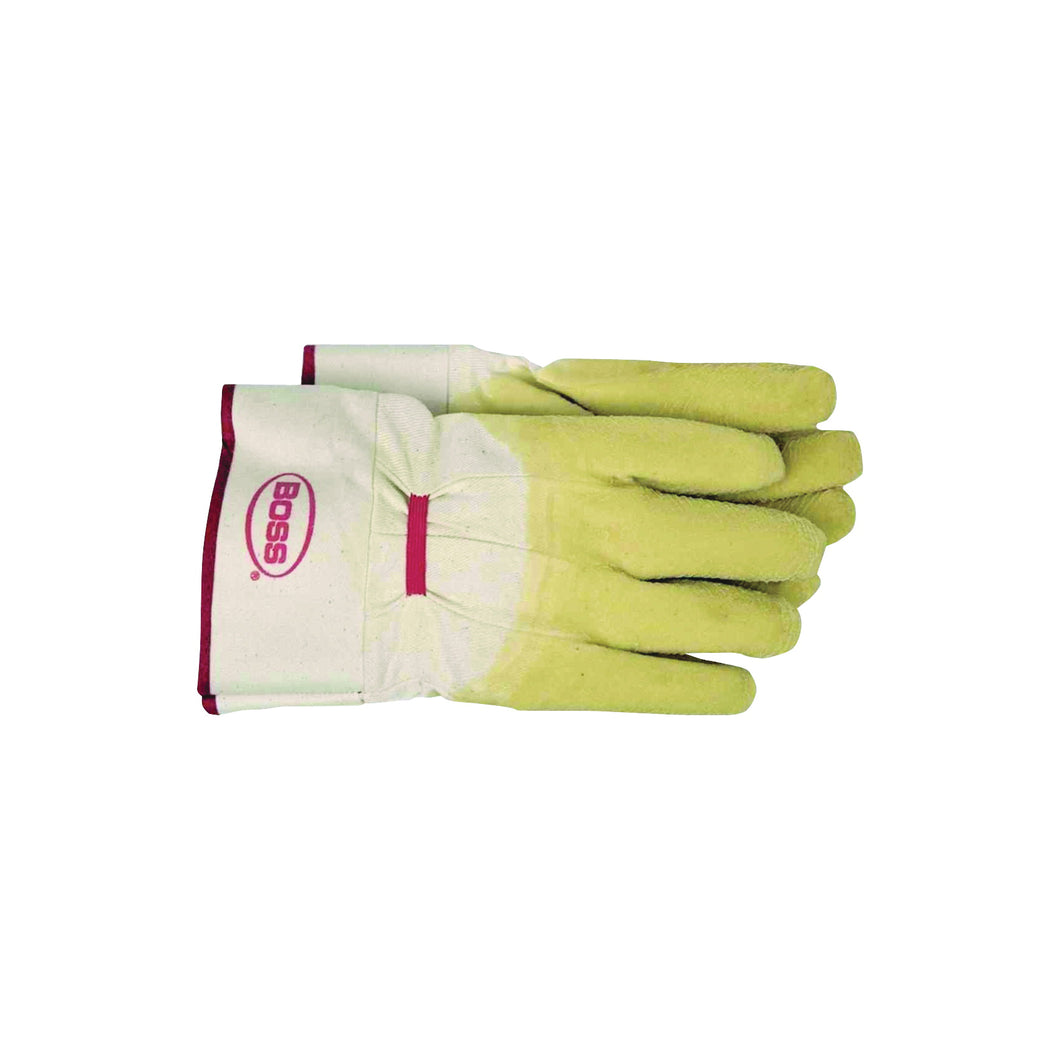 BOSS 8424L Ergonomic Protective Gloves, L, Band Top Cuff, Cotton/Polyester Glove, White/Yellow