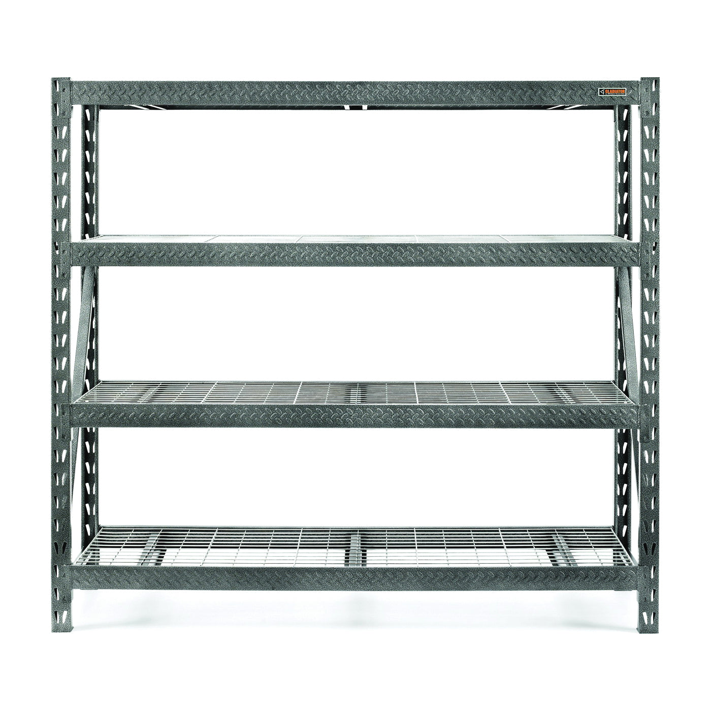 GLADIATOR GARS774XEG Rack Shelf, 8000 lb Capacity, 4-Shelf, 77 in OAW, 24 in OAD, 72 in OAH, Hammered Granite