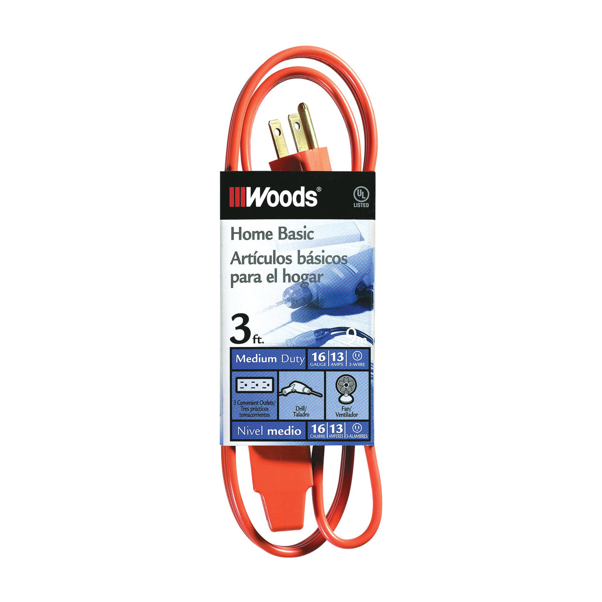 CCI 0814 Extension Cord, 16 AWG Cable, 3 ft L, 13 A, 125 V, Orange