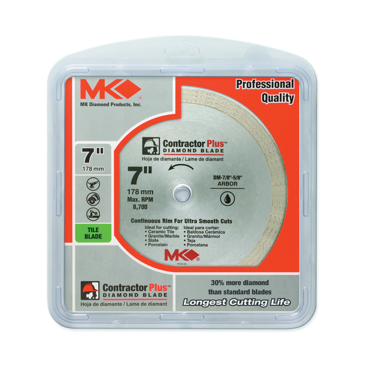 MK 167008 Circular Saw Blade, 7 in Dia, 7/8 to 5/8 in Arbor, Diamond Cutting Edge