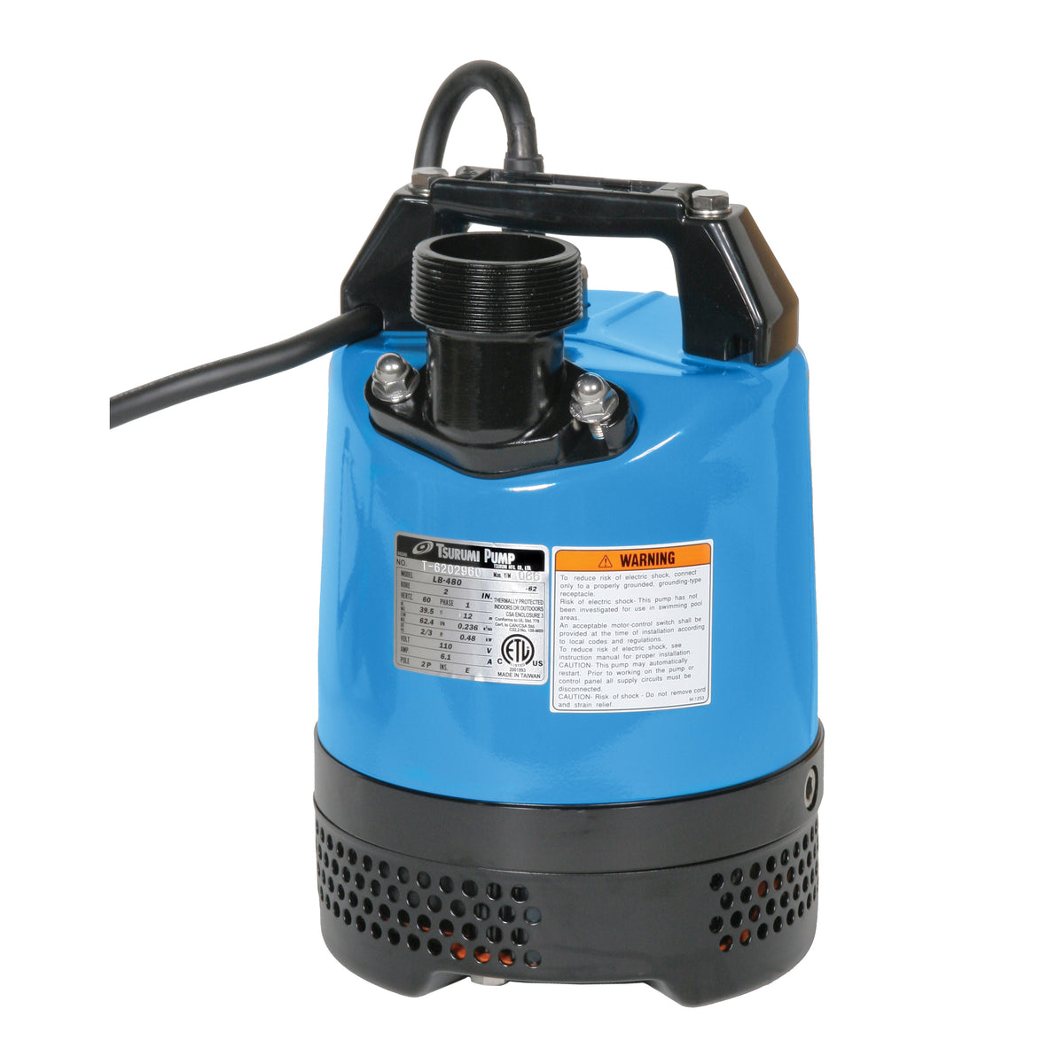 Tsurumi Pump LB-480-62 Submersible Pump, 1-Phase, 6.1 A, 115/230 V, 0.66 hp, 2 in Outlet, 39-1/2 ft Max Head, 15.9 gpm