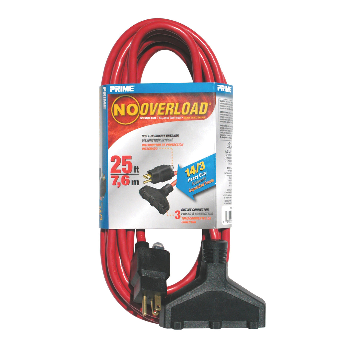 Prime CB614725 Extension Cord, 25 ft L, 15 A, 125 V, Red