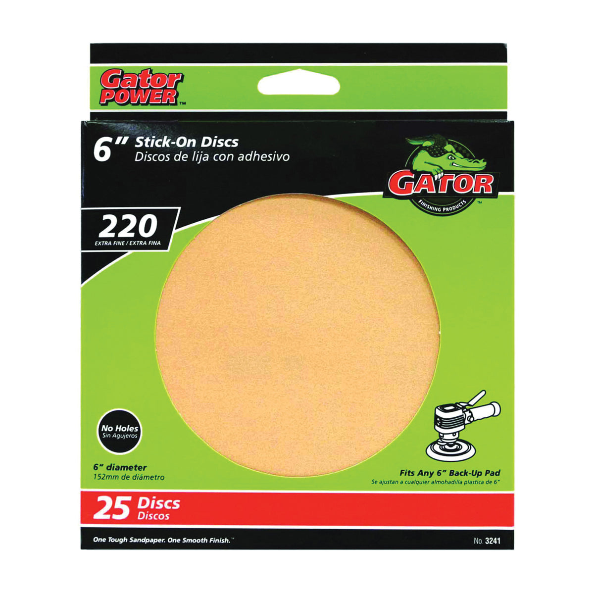 Gator 3241 Sanding Disc, 6 in Dia, Coated, 220 Grit, Extra Fine, Aluminum Oxide Abrasive, Paper Backing