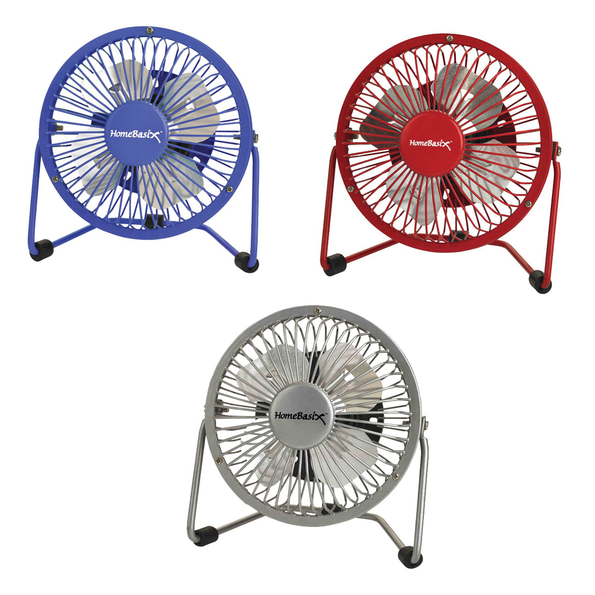 PowerZone FE-20 Personal Fan, 120 VAC, 4 in Dia Blade, 4-Blade, 1-Speed, 360 deg Rotating, Blue/Red/Silver