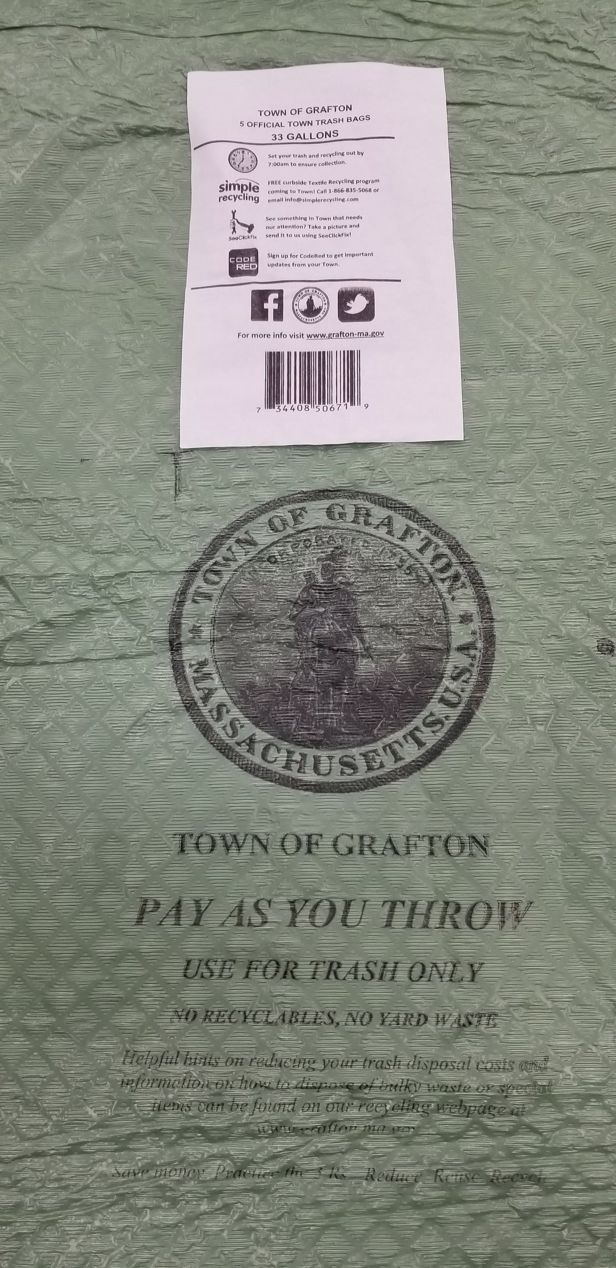 Grafton Town Garbage Bags, Large 33 Gallon